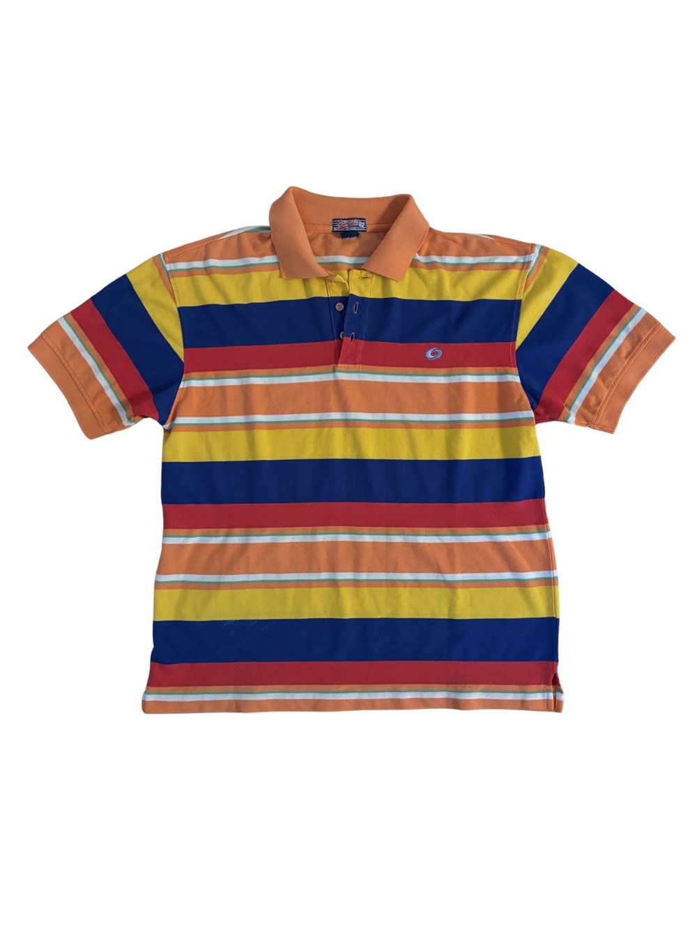 Oxygen 82 Y2K Striped Polo Shirt in Orange, Yellow, Blue & Red